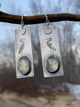 Load image into Gallery viewer, Sterling Silver Great Blue Heron and Rosecut Prehnite Earrings
