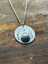 Load image into Gallery viewer, Grey Star Sapphire River Wood Necklace With Waxing Crescent Moon #2