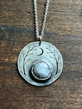Load image into Gallery viewer, Made to order Grey Star Sapphire River Wood Necklace With Waxing Crescent Moon #1