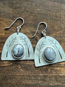 Arched Trees Sterling Silver Earrings with Rosecut Grey Star Sapphires