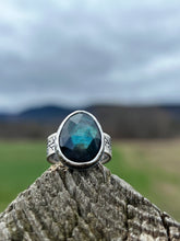 Load image into Gallery viewer, Green labradorite with tree silhouette band ring