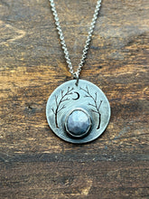 Load image into Gallery viewer, Grey Star Sapphire River Wood Necklace With Waxing Crescent Moon #2
