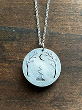 Load image into Gallery viewer, Made to order Grey Star Sapphire River Wood Necklace With Waxing Crescent Moon #1