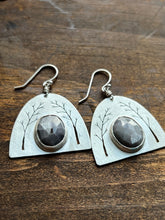 Load image into Gallery viewer, Arched Trees Sterling Silver Earrings with Rosecut Grey Star Sapphires