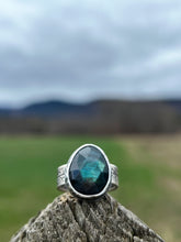 Load image into Gallery viewer, Green labradorite with tree silhouette band ring
