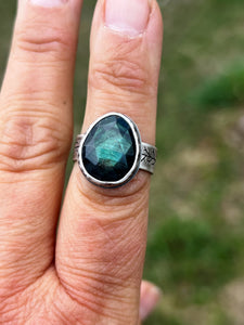 Green labradorite with tree silhouette band ring
