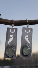 Load and play video in Gallery viewer, Sterling Silver Great Blue Heron and Rosecut Prehnite Earrings
