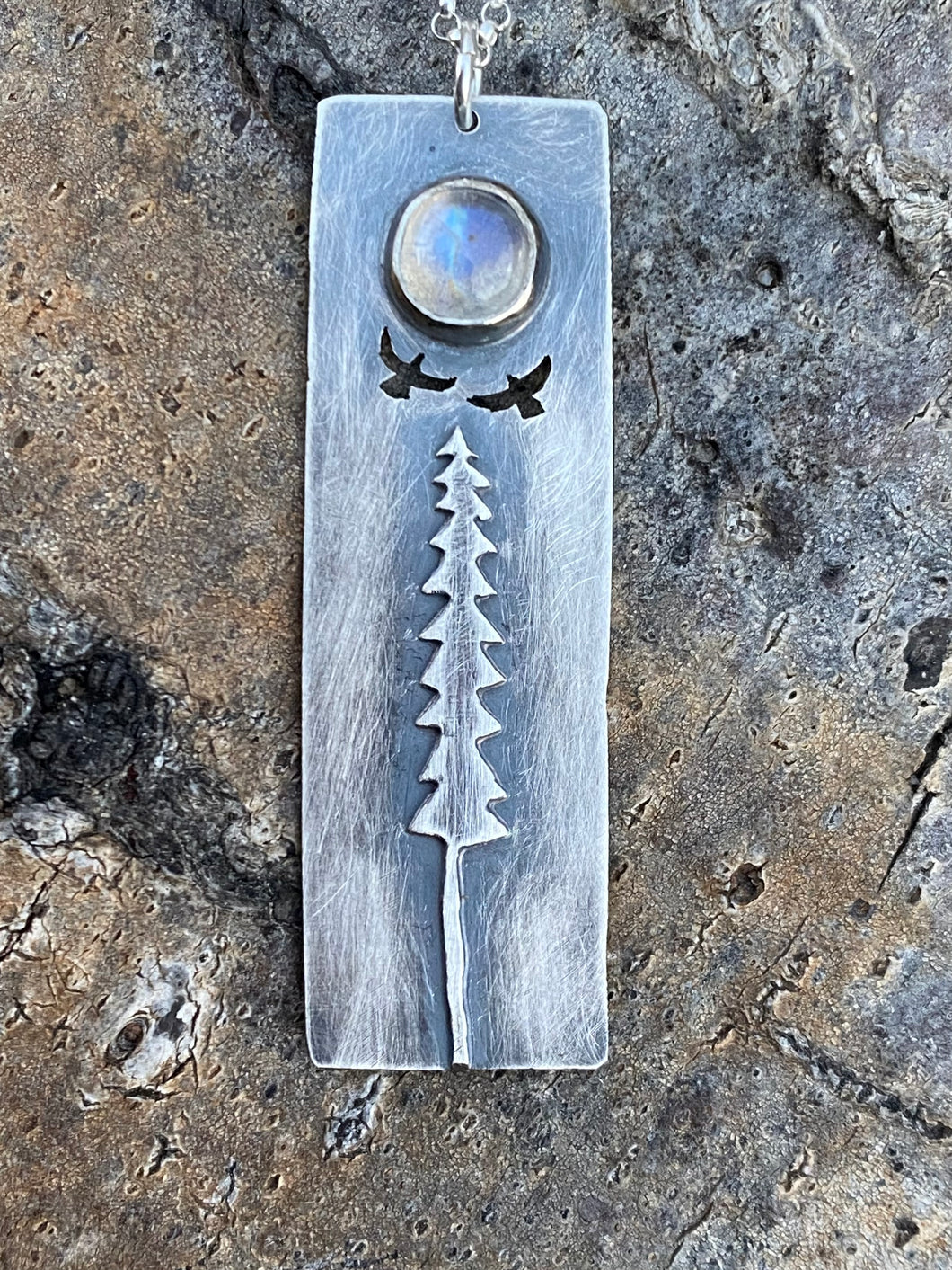 Silver Night Bird Necklace with Rainbow Moonstone