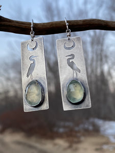 Sterling Silver Great Blue Heron and Rosecut Prehnite Earrings