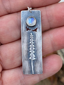 Silver Night Bird Necklace with Rainbow Moonstone