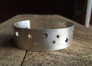 Handcut Sterling Silver Stars and Moon Cuff Bracelet
