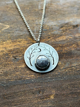 Load image into Gallery viewer, Grey Star Sapphire River Wood Necklace With Waxing Crescent Moon #2
