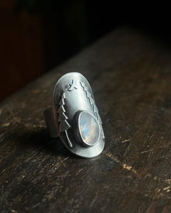 Made To Order In The Pines Saddle Ring with Rosecut Rainbow Moonstone Ring