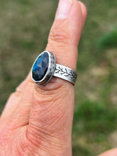 Load image into Gallery viewer, Green labradorite with tree silhouette band ring
