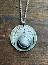 Load image into Gallery viewer, Made to order Grey Star Sapphire River Wood Necklace With Waxing Crescent Moon #1

