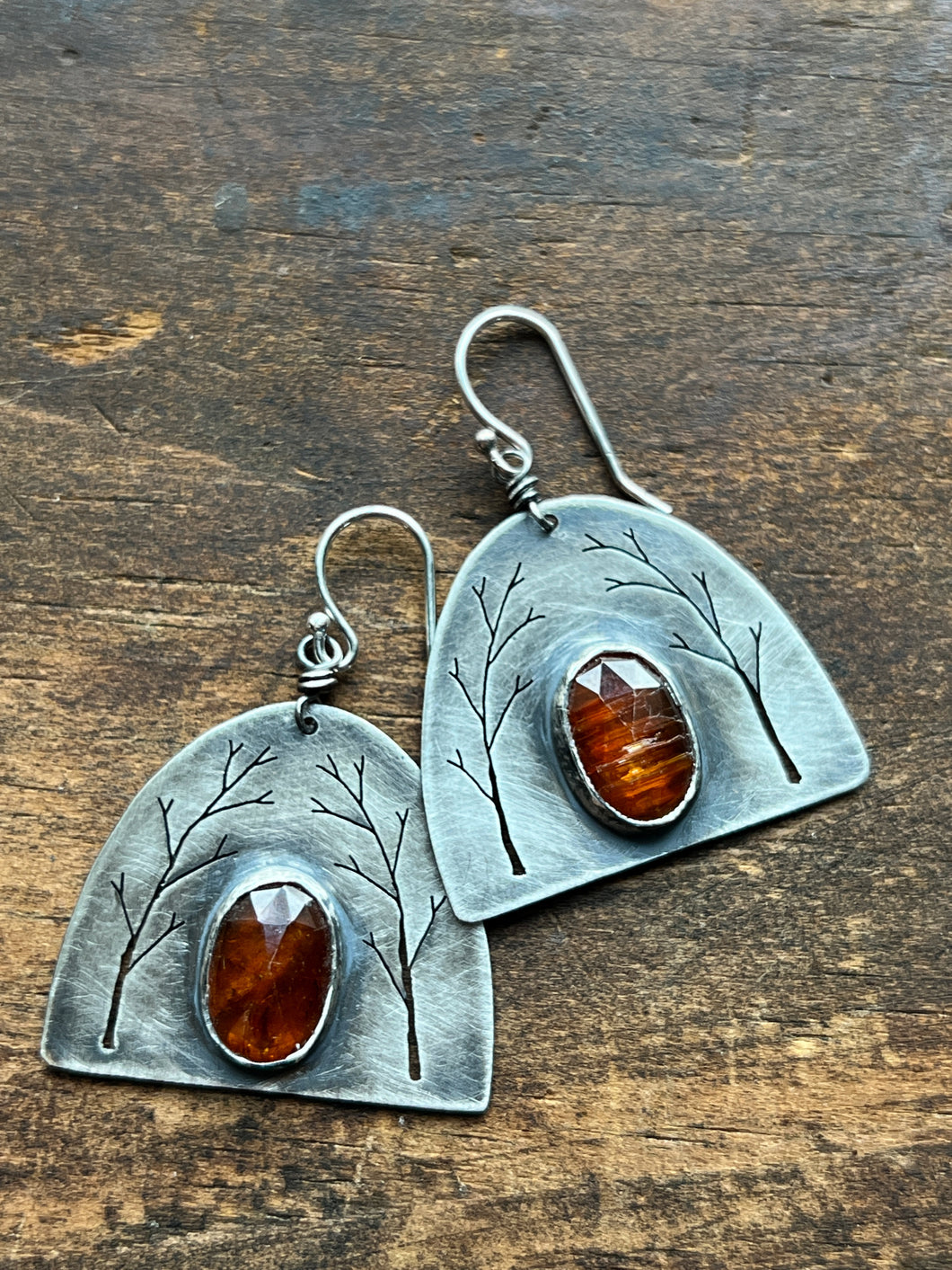 Arched Trees Sterling Silver Earrings with Rosecut Orange Kyanite
