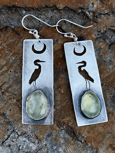 Sterling Silver Great Blue Heron and Rosecut Prehnite Earrings