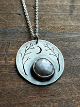 Load image into Gallery viewer, Made to order Grey Star Sapphire River Wood Necklace With Waxing Crescent Moon #1
