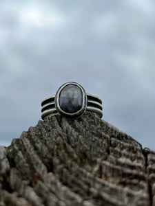 Rosecut grey star sapphire with triple wire band ring