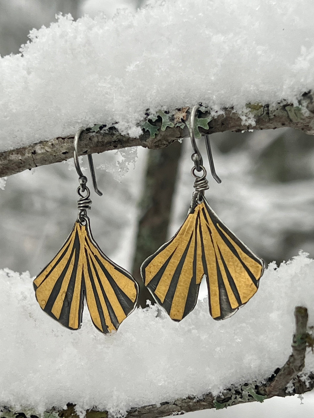 Keum-boo Gingko Leaf Earrings in 24K Gold and Silver (Small)